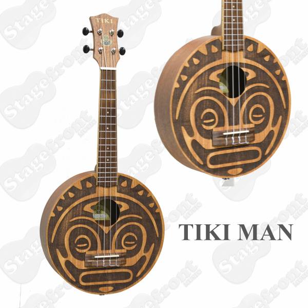 TIKI MAN UKULELE ROUND BODY WITH ENGRAVED TIKI LOGO FACE AND GIG BAG